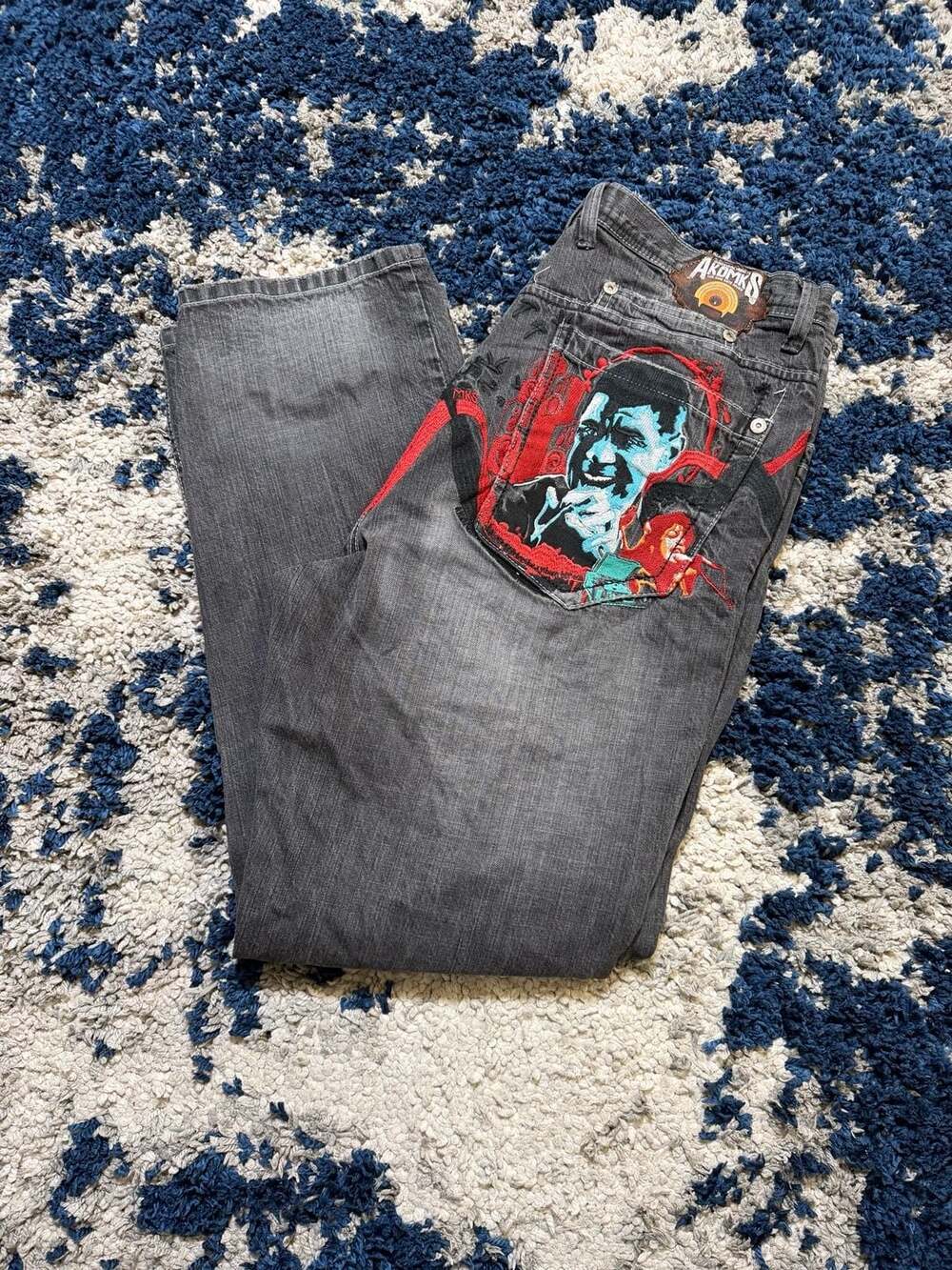 Akademiks Jeans Size 36 Gray Graphic Embroidered Baggy Denim